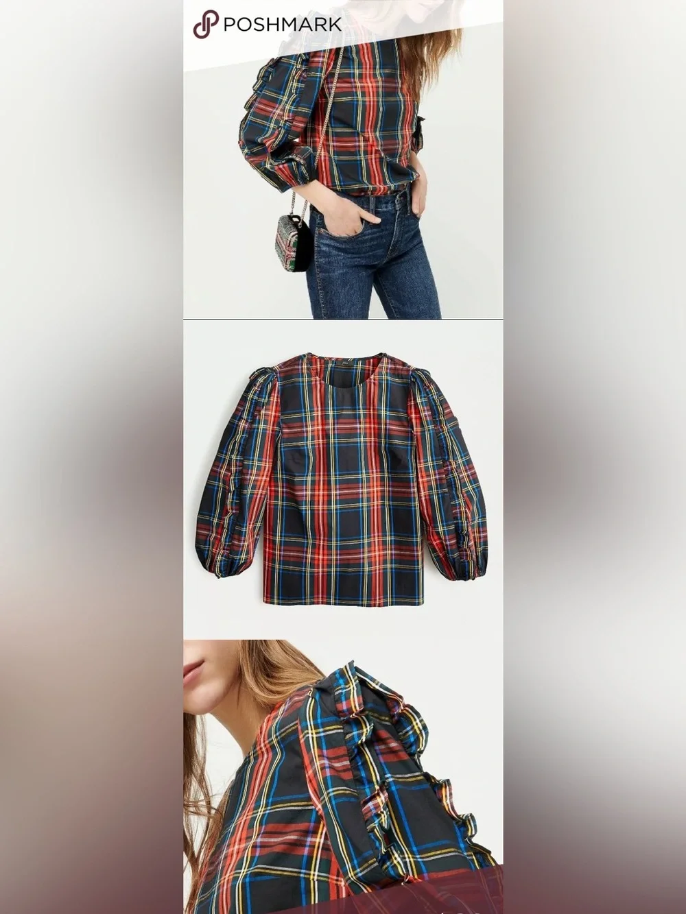 J. Crew Navy and Red Plaid Ruffle-Sleeve Blouse